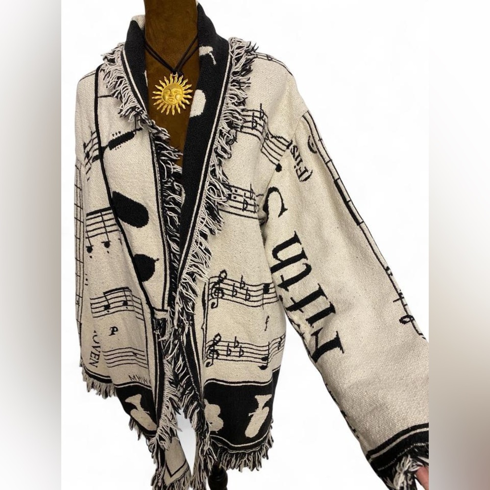 Vintage RARE Tapestry Fringe Beethoven Musical Festival Blanket Jacket Cardigan